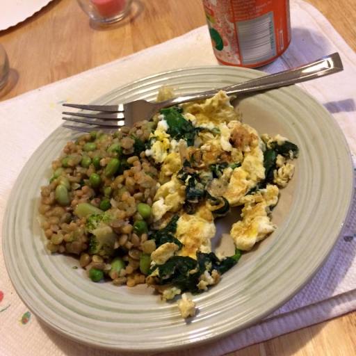 Eggs (red) Spinach (green), and CA style protein blend (1/2 green, 1 yellow)